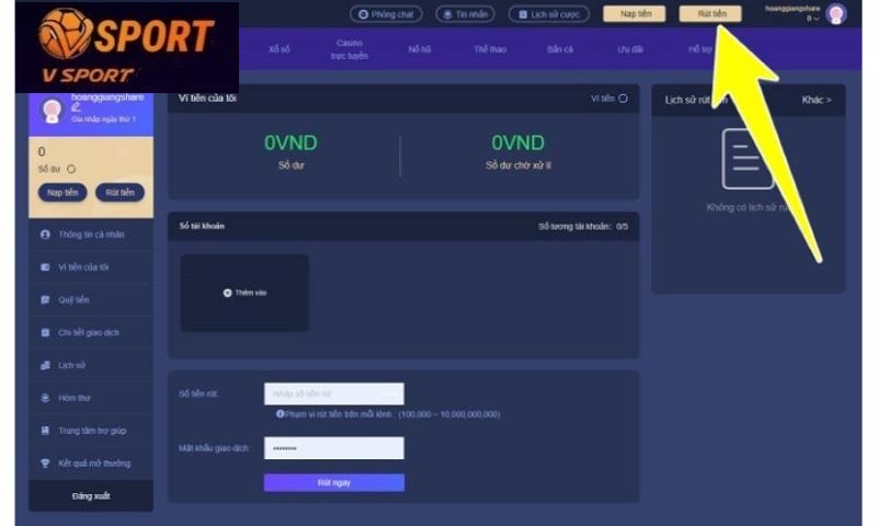 Quy trình rút tiền Vsport chuẩn xác.